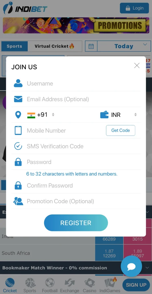 Indibet application sign up